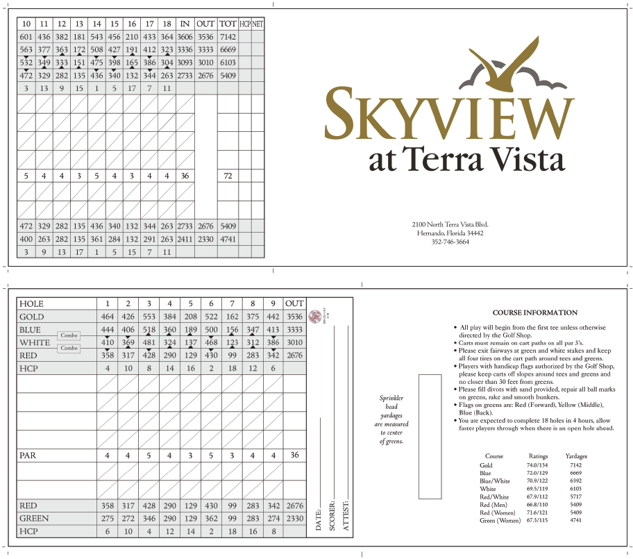 Scorecard Skyview Golf and Country Club